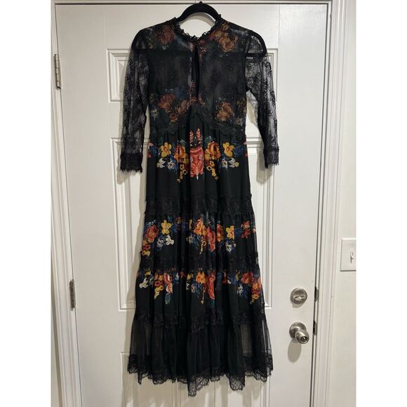 TopShop Black Lace Midi Dress 2 Floral Sheer Women’s Boho Whimsical feminine - Picture 6 of 7
